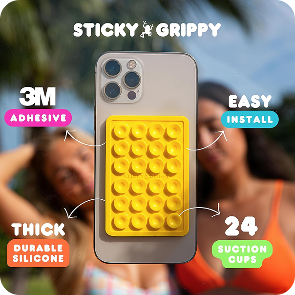 Phone with yellow suction pad, text highlights features, blurred background of two people.