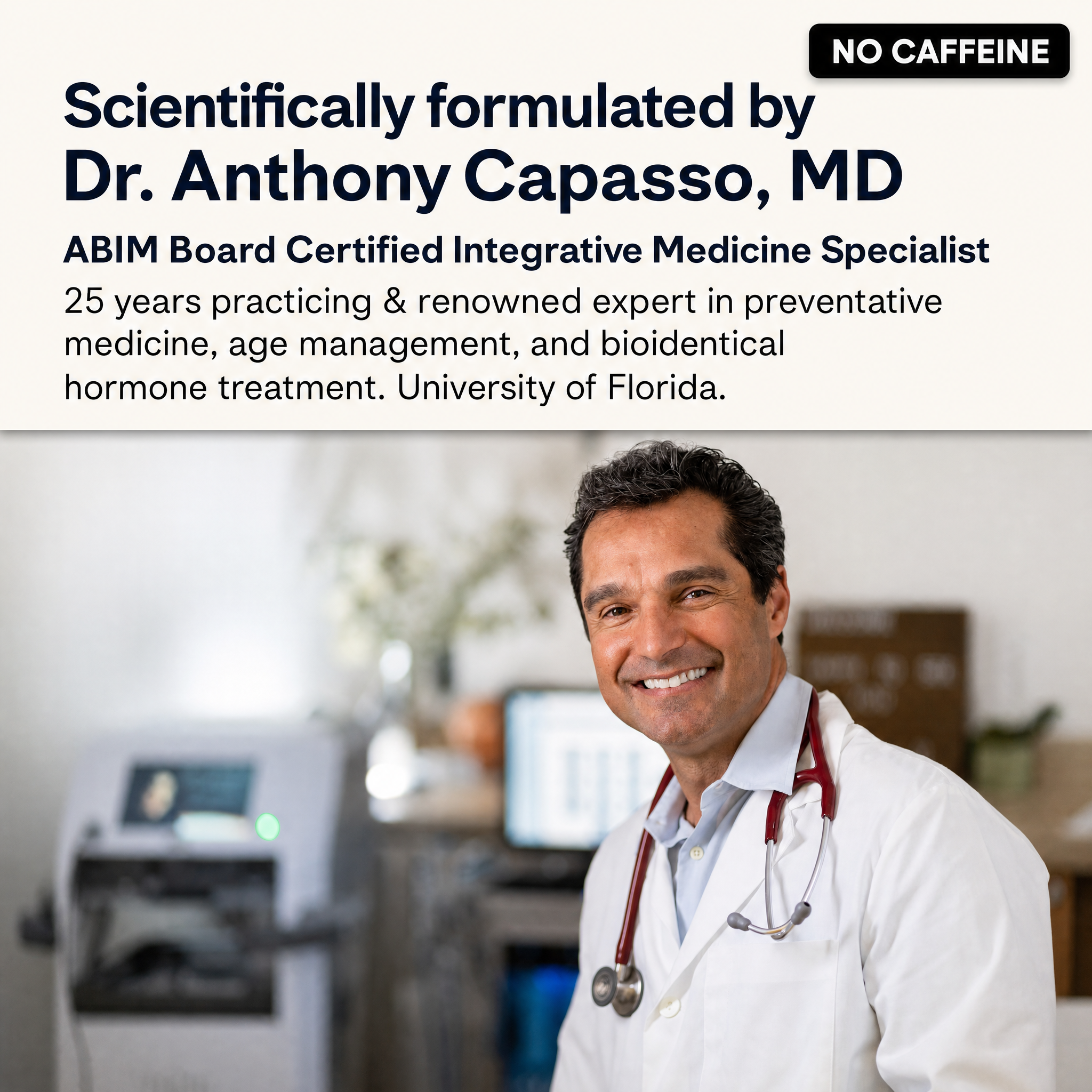 Dr. Anthony Capasso, MD, smiling in his office while wearing a white coat and a red stethoscope.