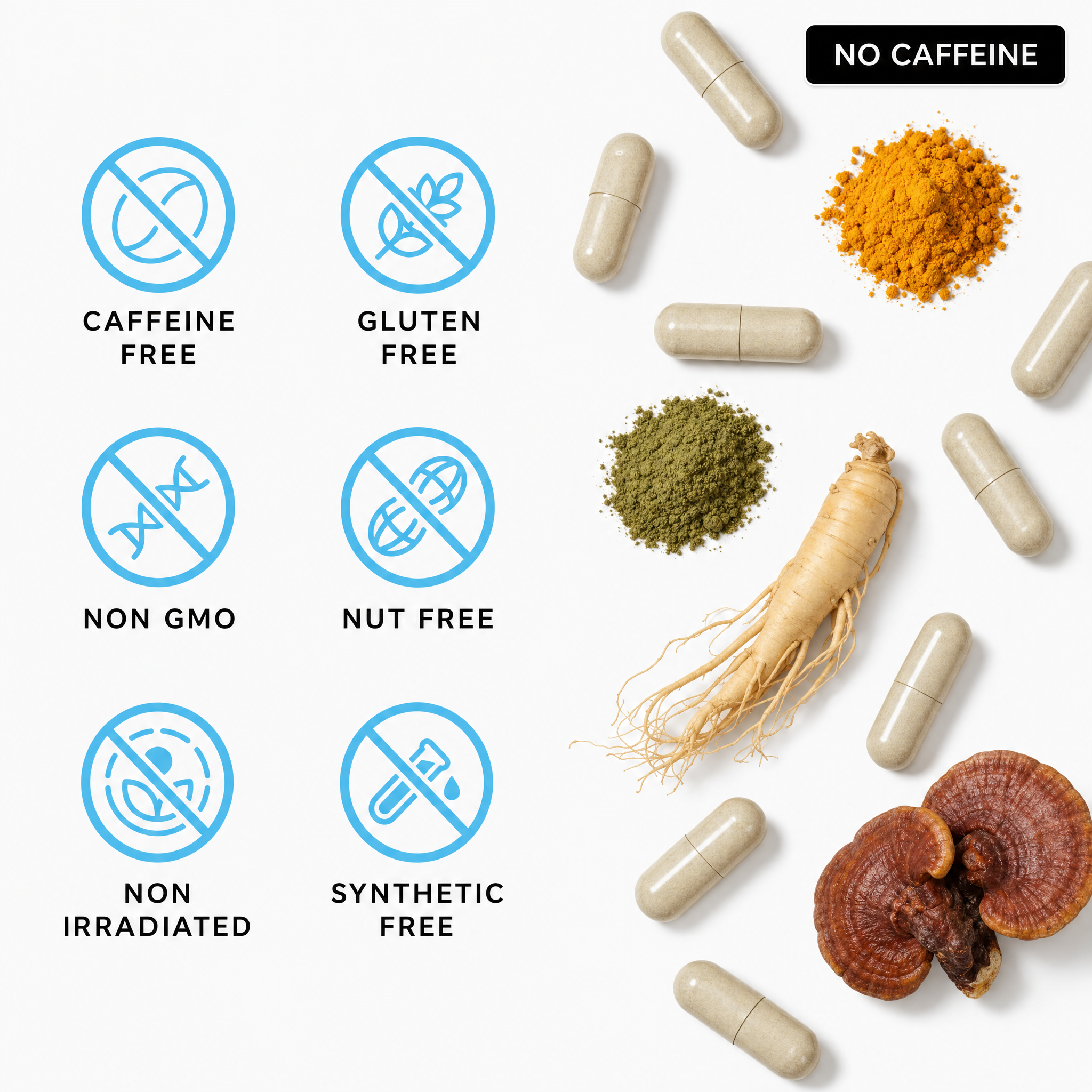 Herbal supplement capsules with ingredients like ginseng root, powders, and a mushroom, alongside icons highlighting product benefits.