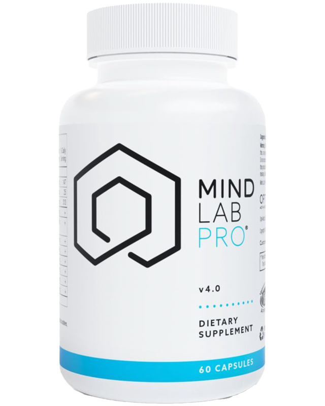 A white bottle of Mind Lab Pro v4.0 dietary supplement, containing 60 capsules, against a white background.
