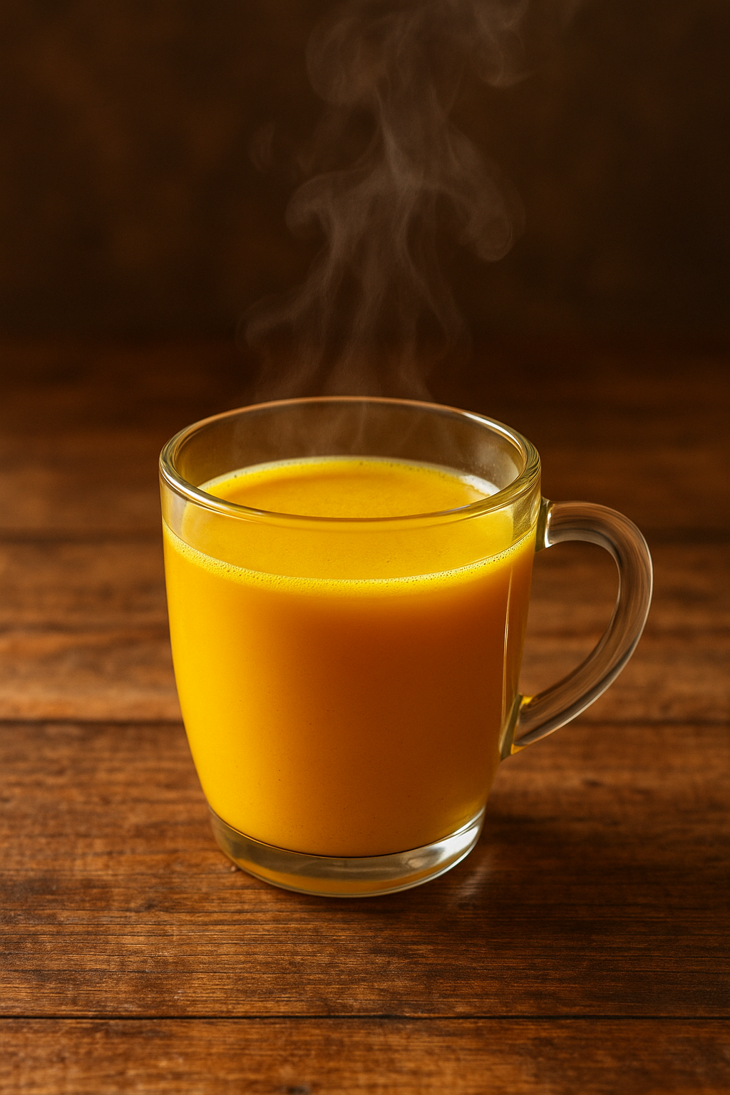 Steaming glass mug of yellow liquid on a wooden table.