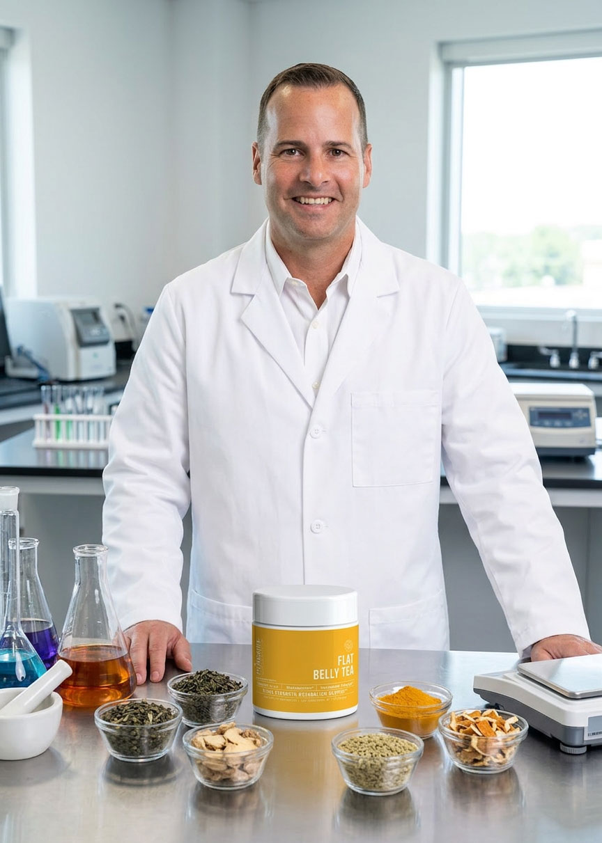 A man in a white lab coat stands in a laboratory behind a container of tea and its ingredients.