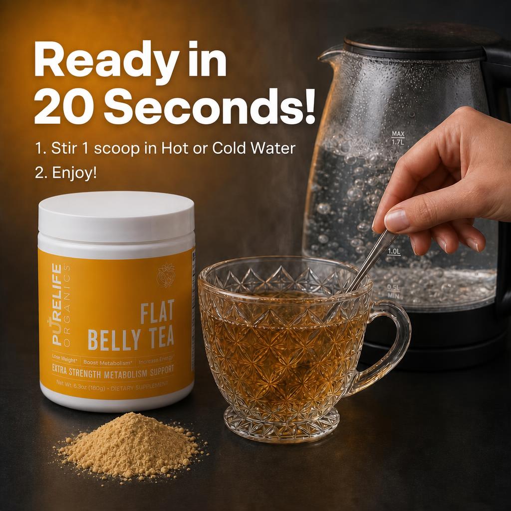 A person stirs a cup of Purelife Organics Flat Belly Tea next to the product container and powder.