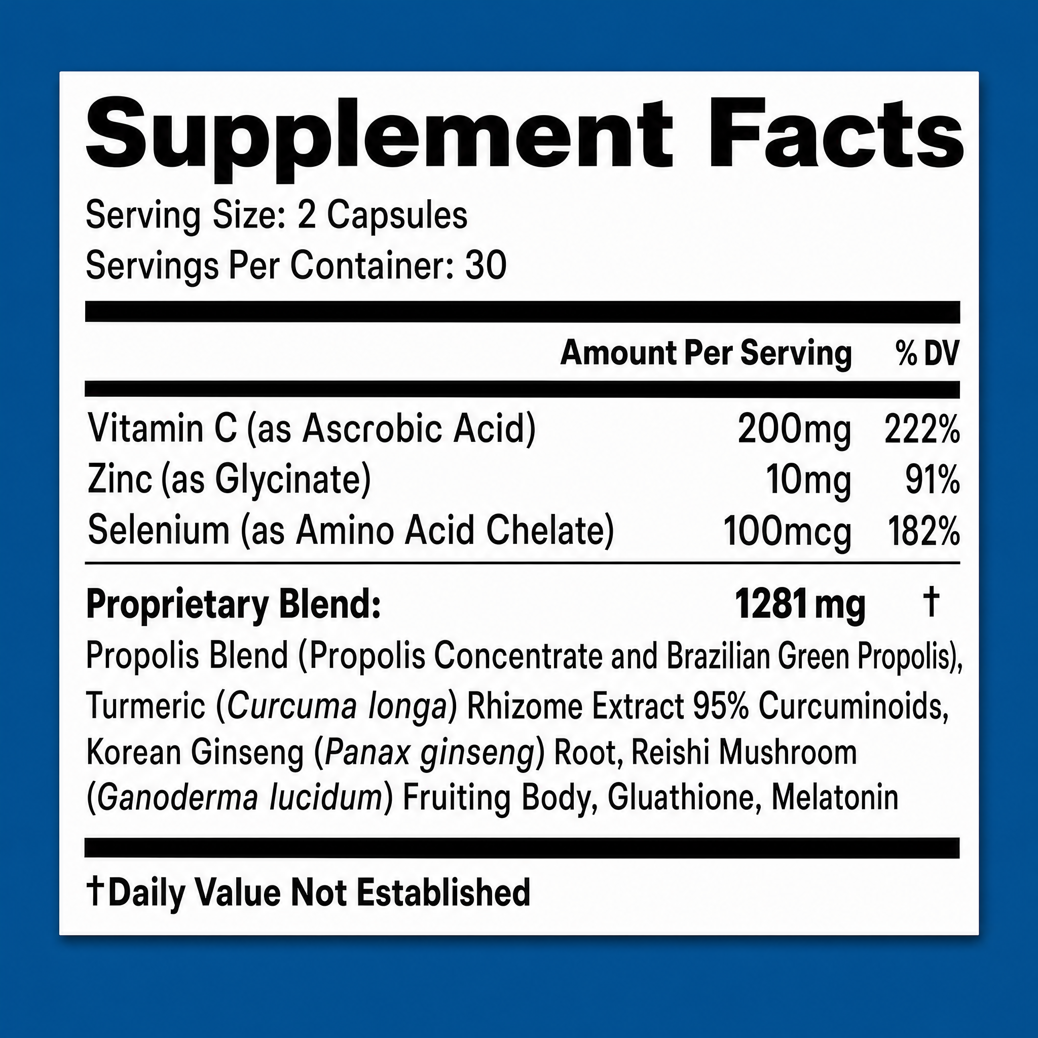 The supplement facts label for a dietary supplement, listing its ingredients and their amounts per serving.