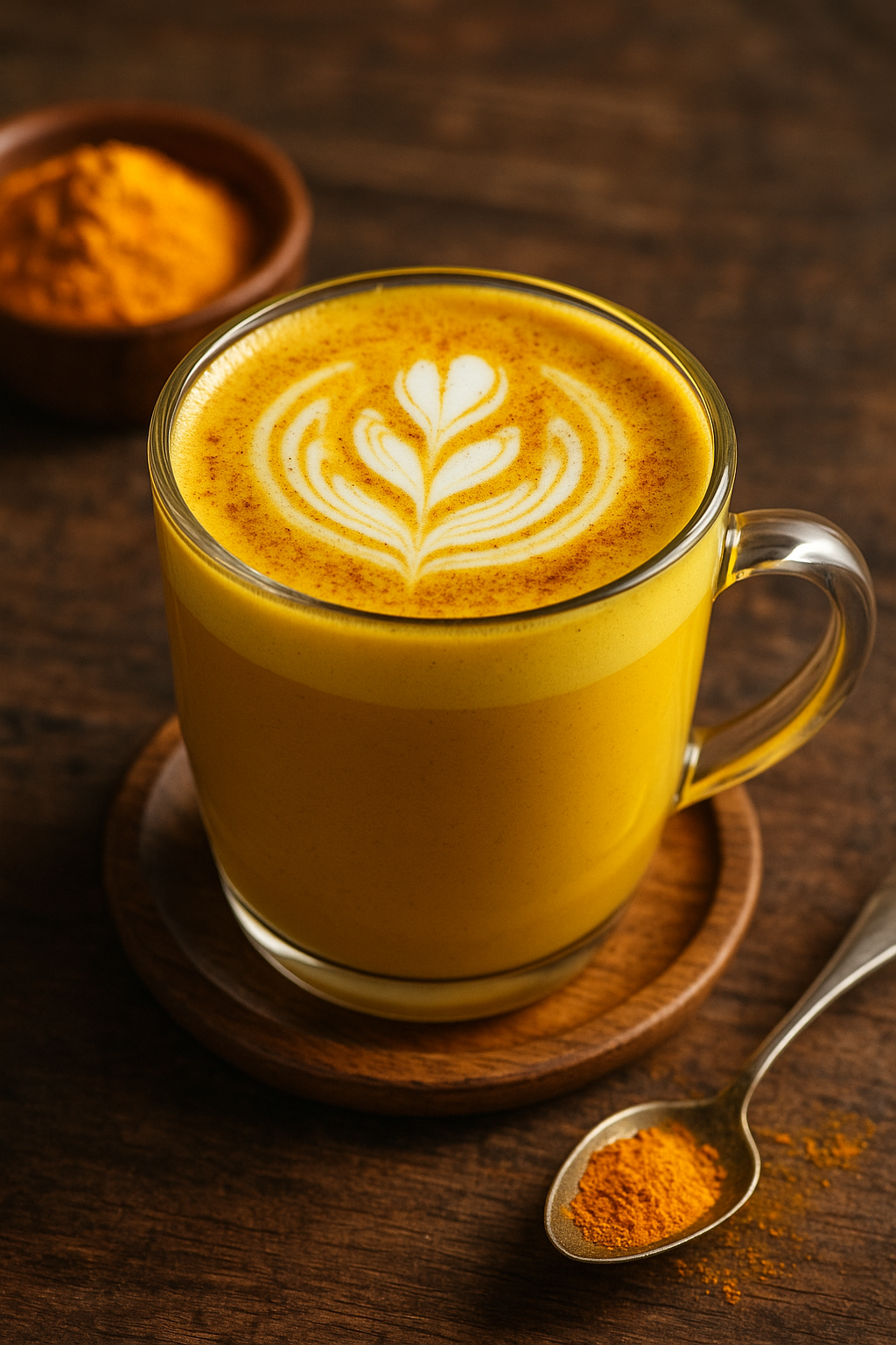 A yellow latte with latte art on wooden table, spoon with powder.