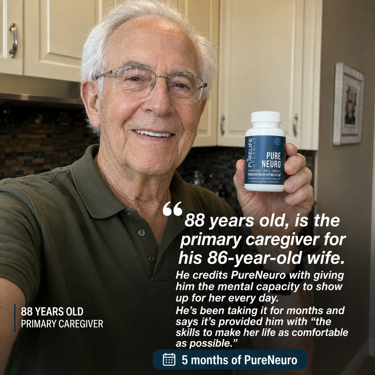 An elderly man smiles while holding a bottle of Pure Neuro supplements in a kitchen setting.