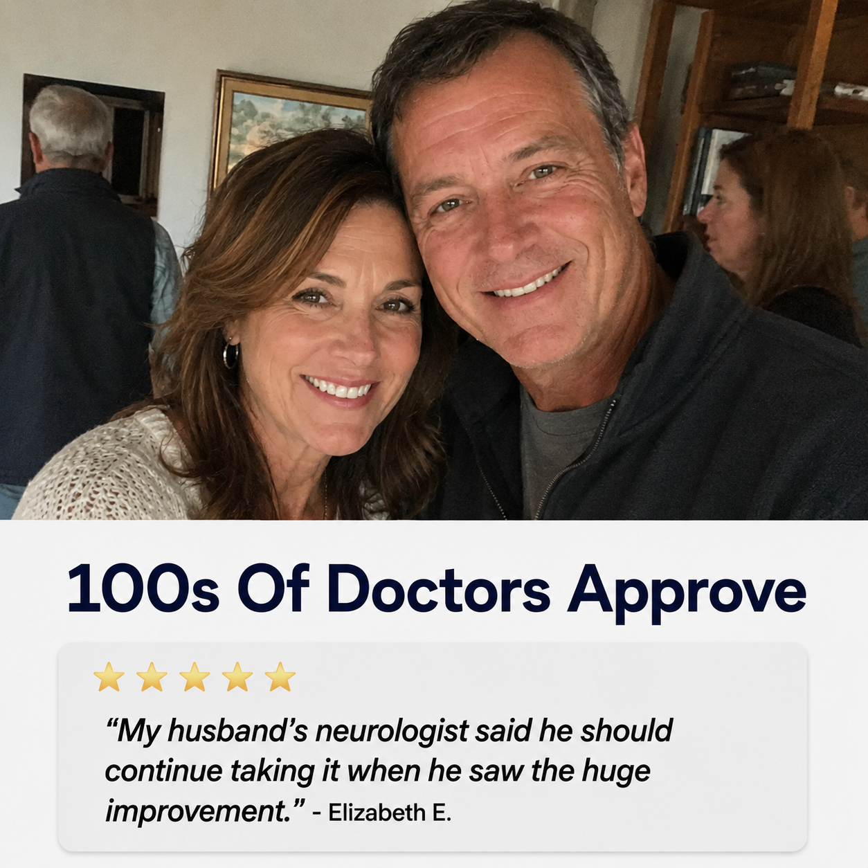 A smiling middle-aged man and woman pose closely for a photo indoors.