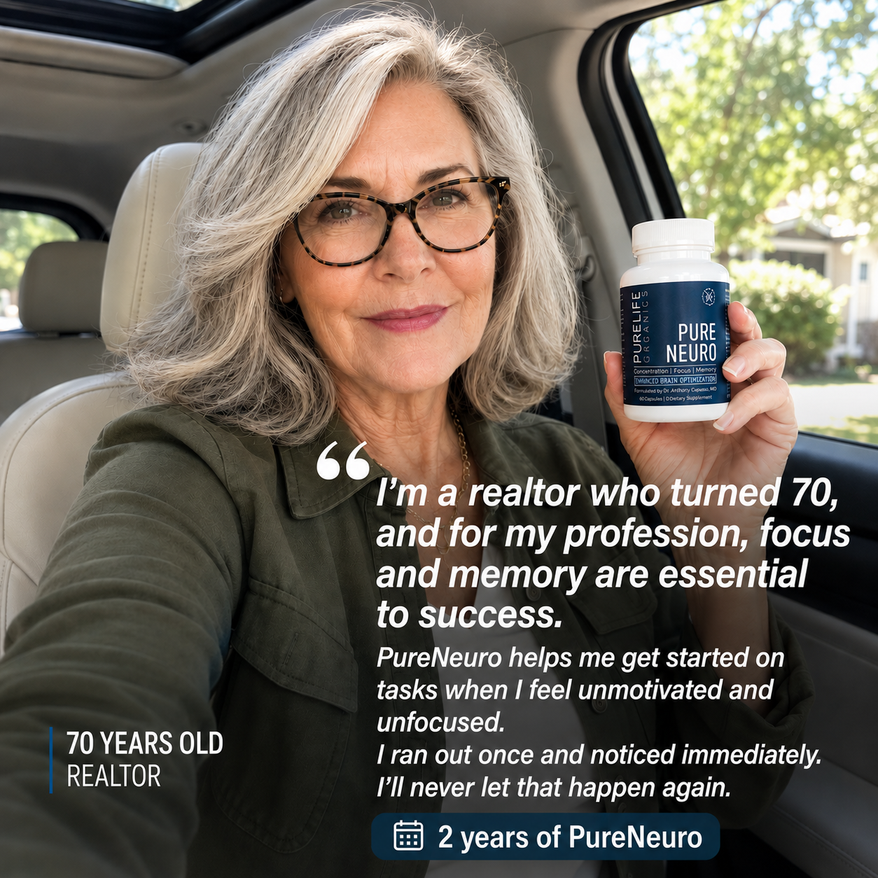 A woman with grey hair and glasses sits in a car holding a bottle of Pure Neuro supplements.