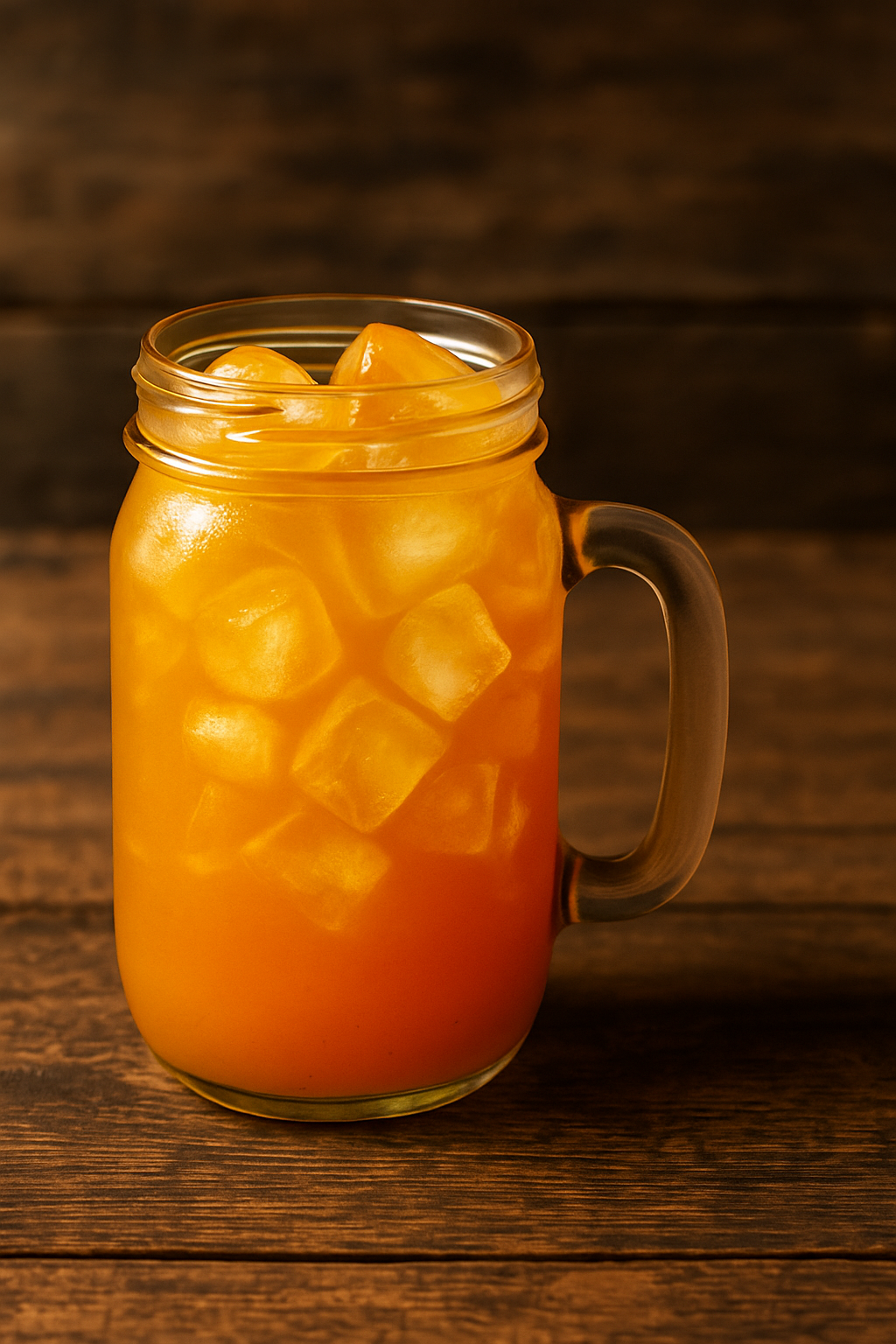 Mason jar filled with iced orange-colored drink on wooden surface.