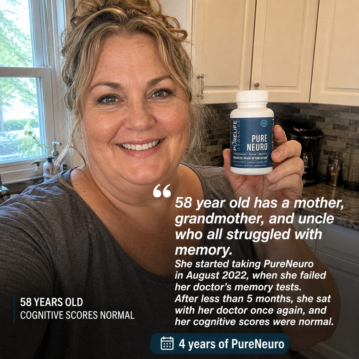 A smiling woman in a kitchen holds up a bottle of Pure Neuro dietary supplements.