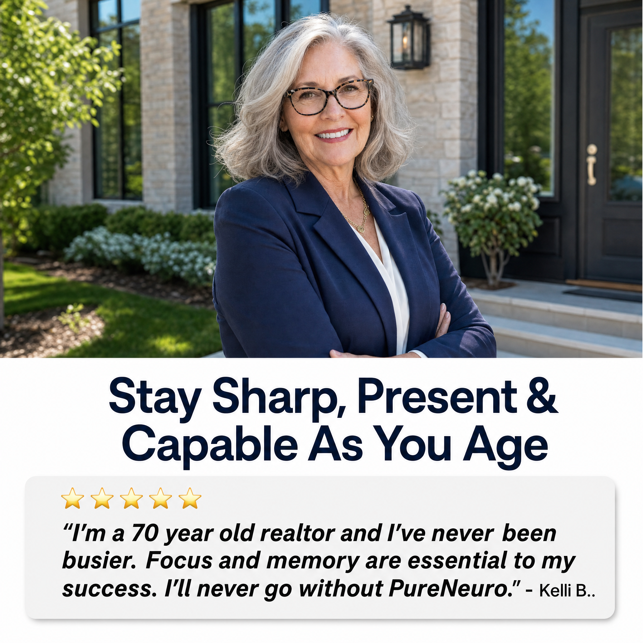 A smiling professional woman stands outside a house above a five-star testimonial for a product.