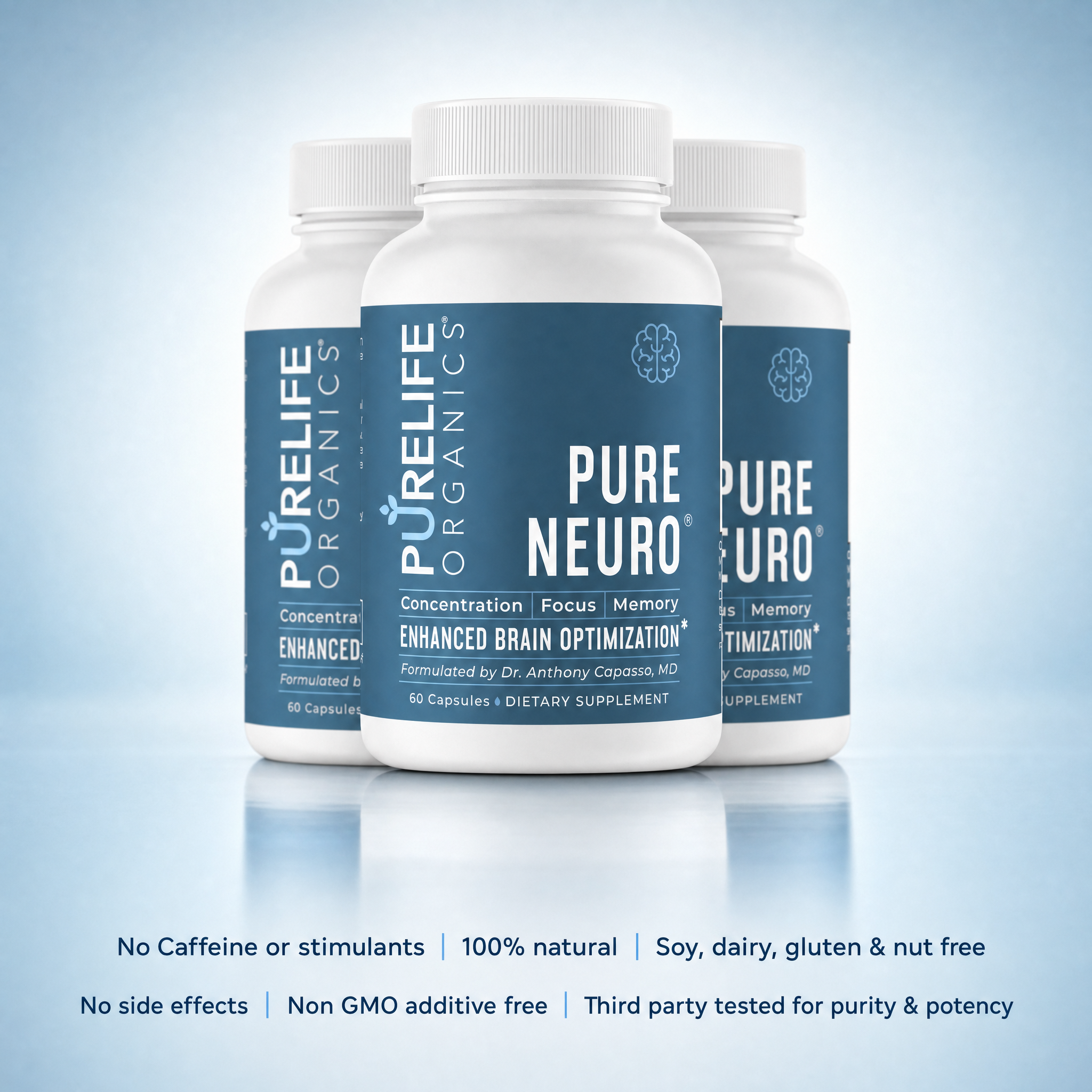 Woman holding a bottle of Pure Neuro supplement in a kitchen.