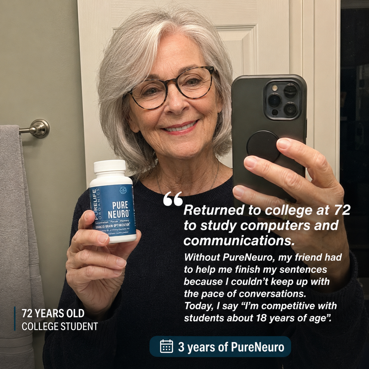 A smiling older woman with glasses takes a mirror selfie while holding a bottle of supplements.