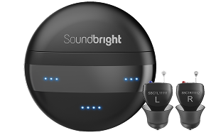 Black circular device labeled 'Soundbright' with two small earpieces labeled 'L' and 'R'.