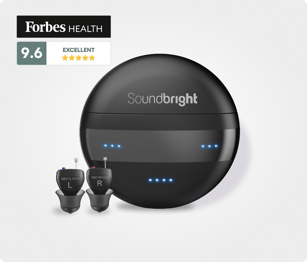 A pair of Soundbright hearing aids in front of their charging case, with a Forbes Health rating badge.