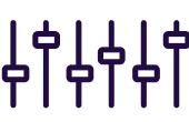 A dark purple icon of five vertical adjustment sliders at different levels against a black background.