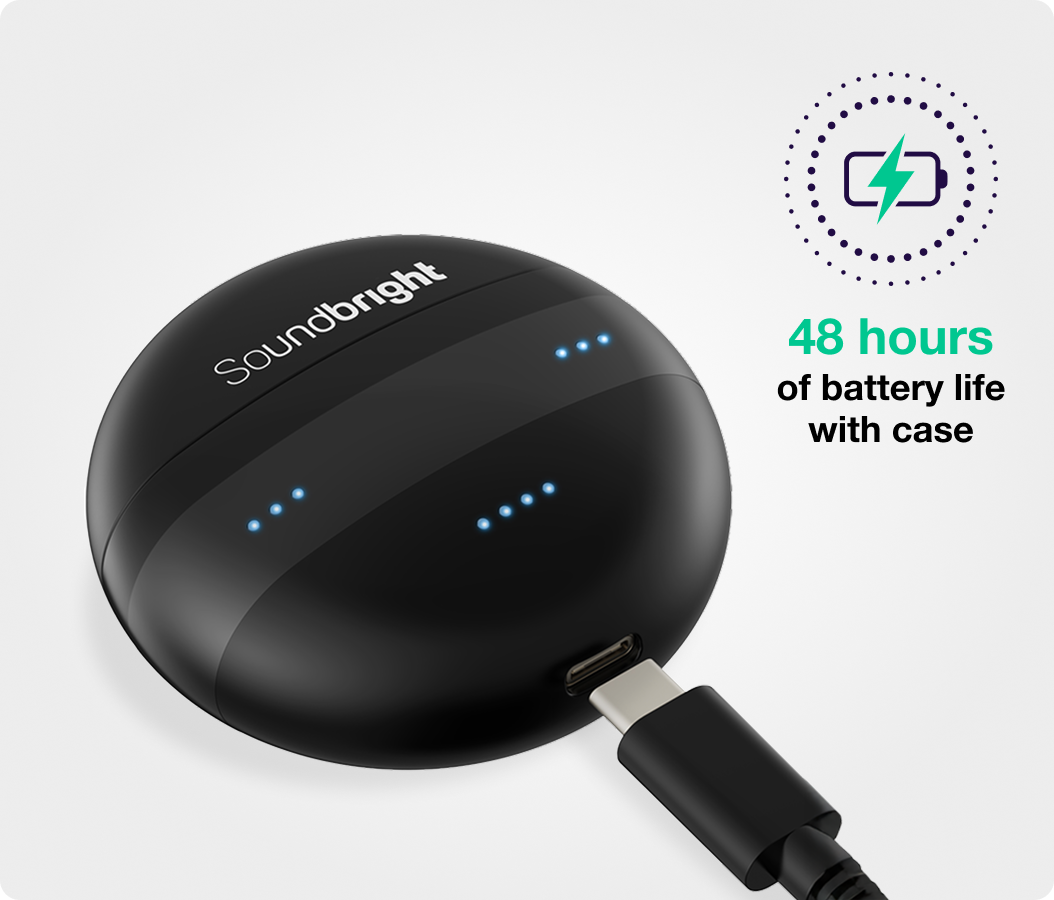 Black wireless earbuds case with charging cable and text: '48 hours of battery life with case'.