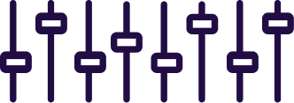 A dark purple icon of six vertical sliders at different levels against a black background.