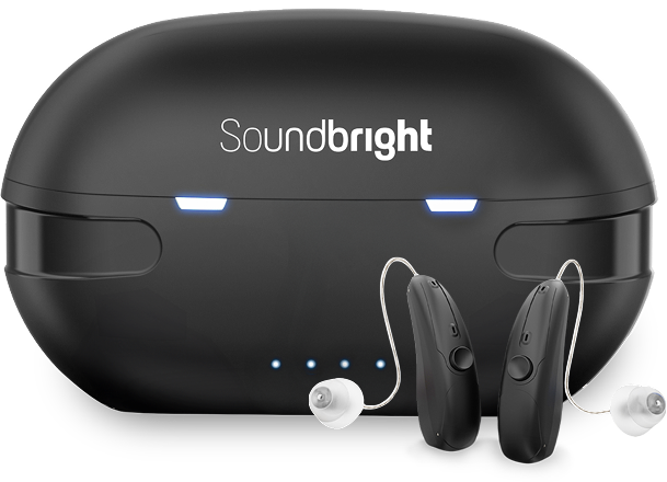 Black Soundbright hearing aids with charging case.
