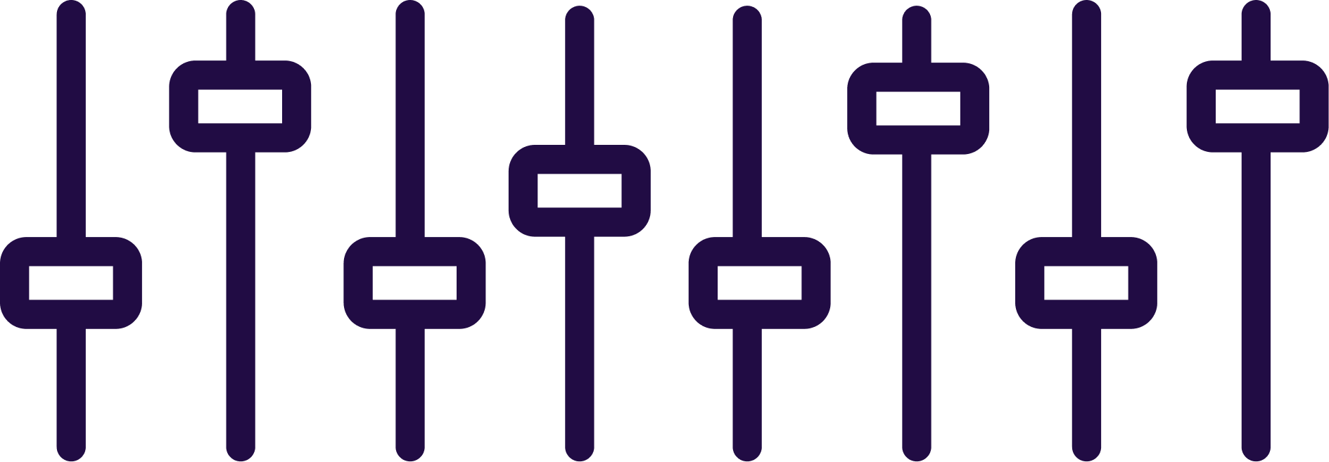 A dark purple icon of six vertical sliders, like those on a mixing board, at various levels.