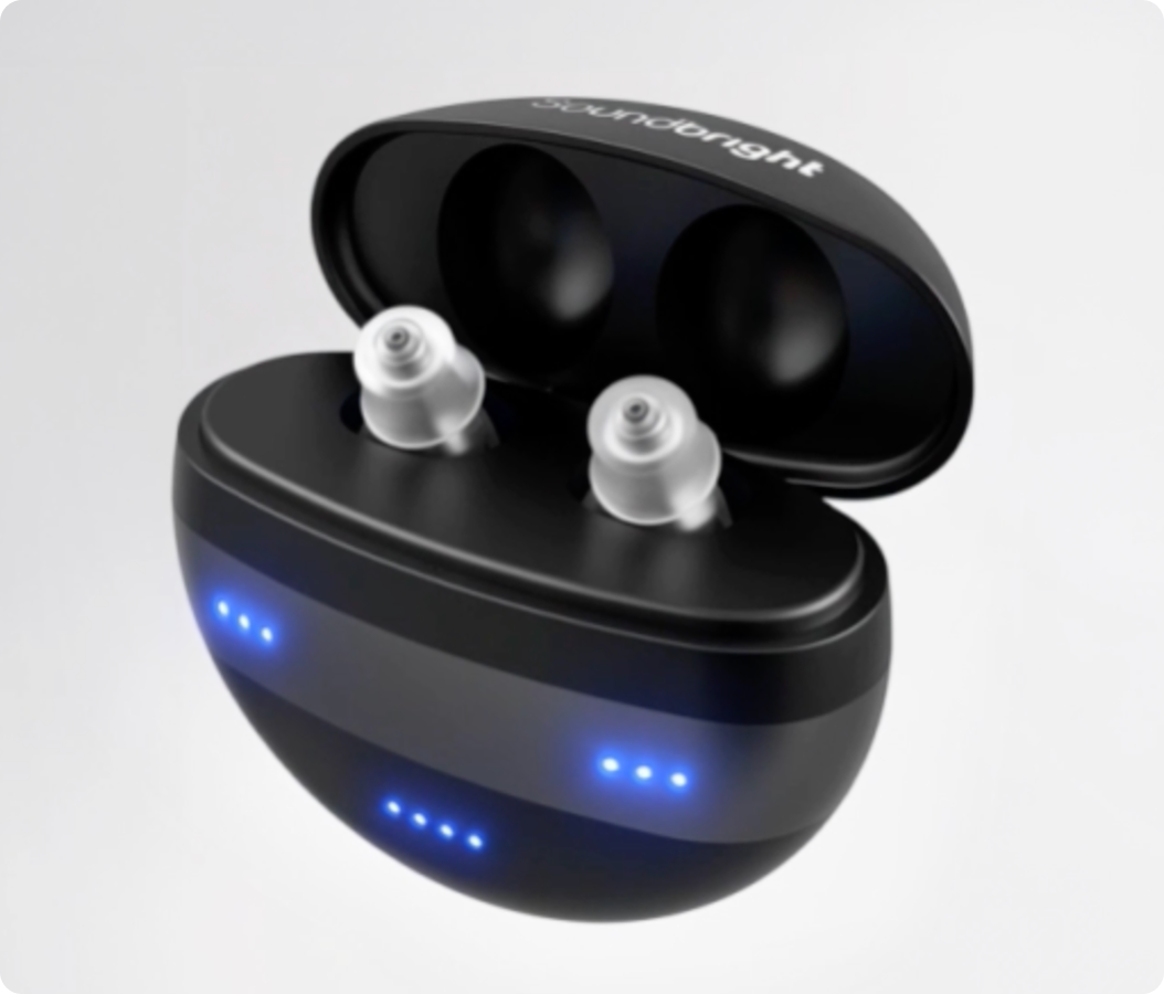 Smiling person pointing to ear with ear piercing, wood panel background.