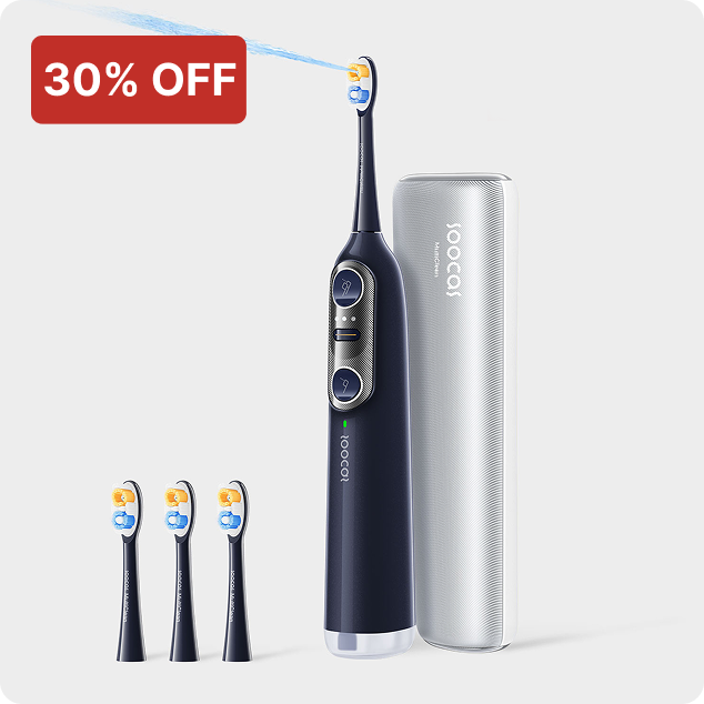 Electric toothbrush set with three extra heads and carrying case, 30% off label.