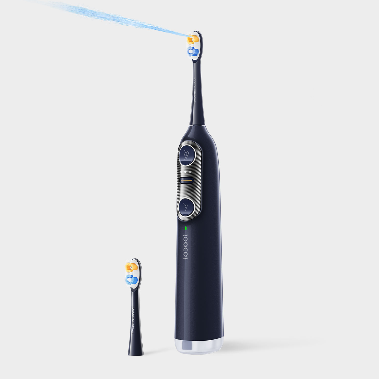 Electric toothbrush with water jet and two brush heads on a white background.