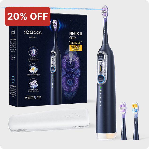 Electric toothbrush with packaging, extra heads, and case, showing 20% off in the corner.