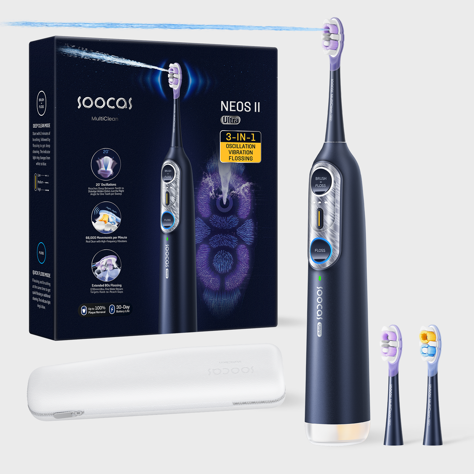 Electric toothbrush with accessories and packaging box on a white background.