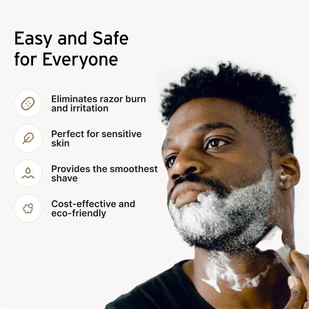 Man shaving with text about shaving benefits on the left.