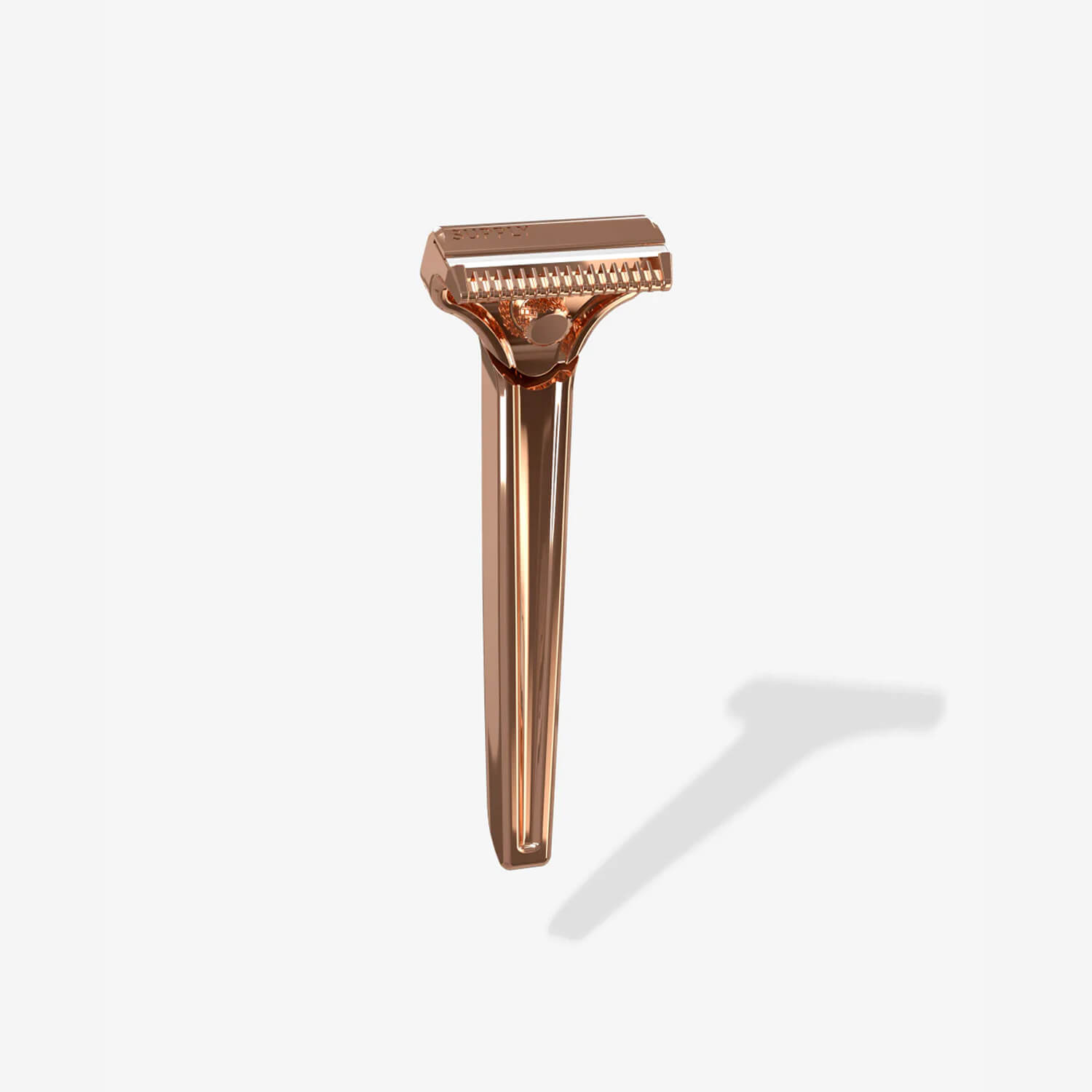 Copper-colored safety razor on a white background.