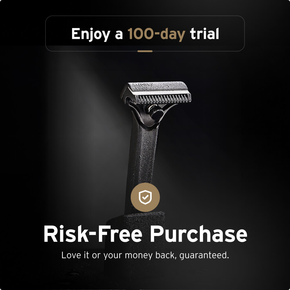 Black razor with text offering a 100-day trial and risk-free purchase.