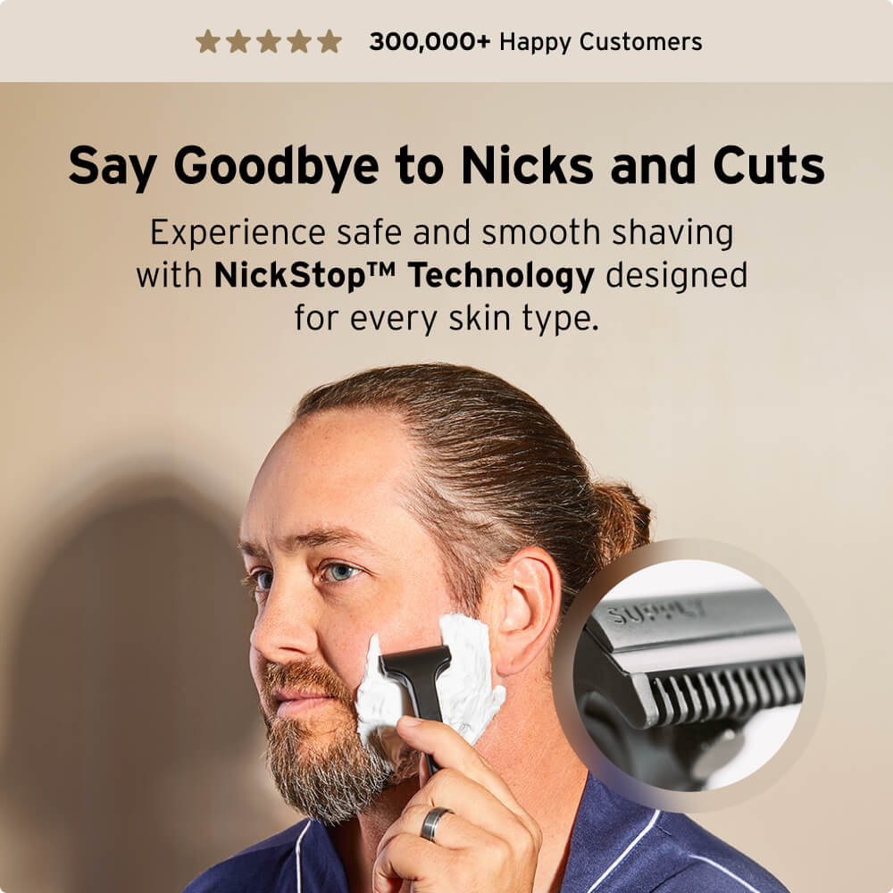 Man shaving with a razor, text promoting NickStop Technology for smooth shaving.