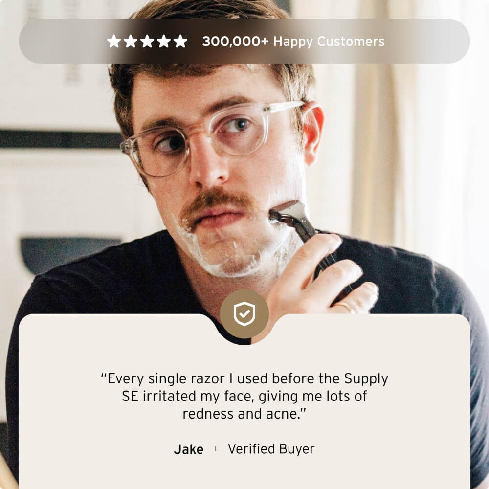 Man shaving with text about shaving benefits on the left.