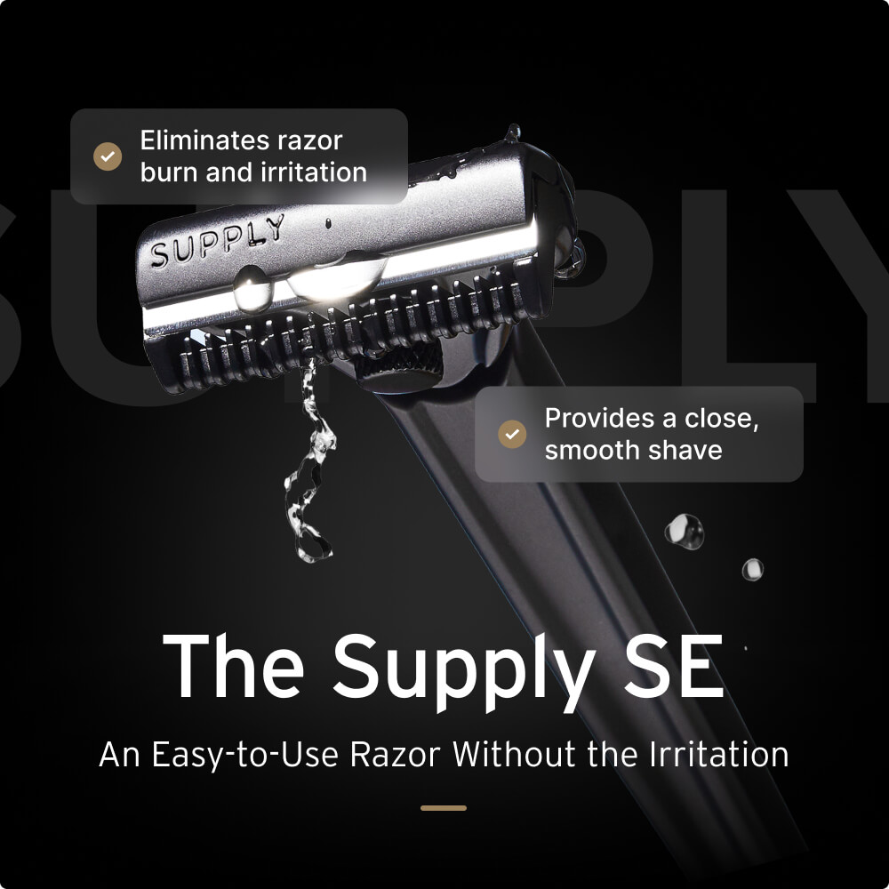 Close-up of a razor with text highlighting features like smooth shave and irritation reduction.