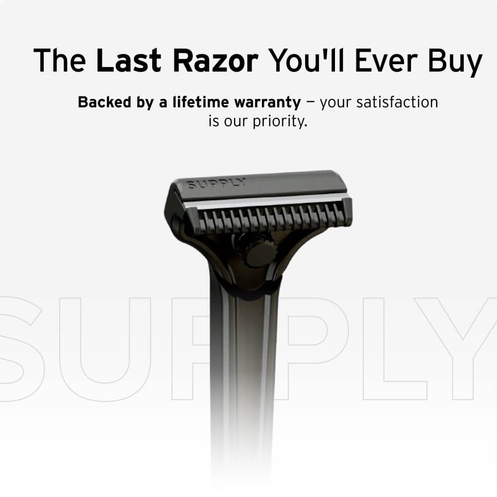 Black razor with text: 'The Last Razor You'll Ever Buy' and warranty information.