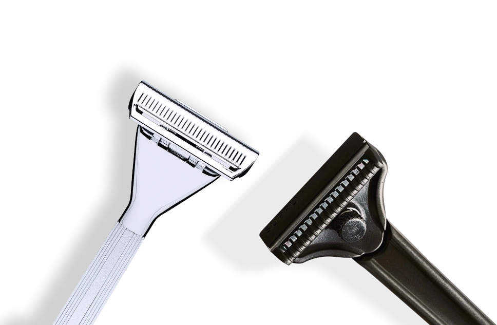 Two safety razors, one silver and one black, on a white background.