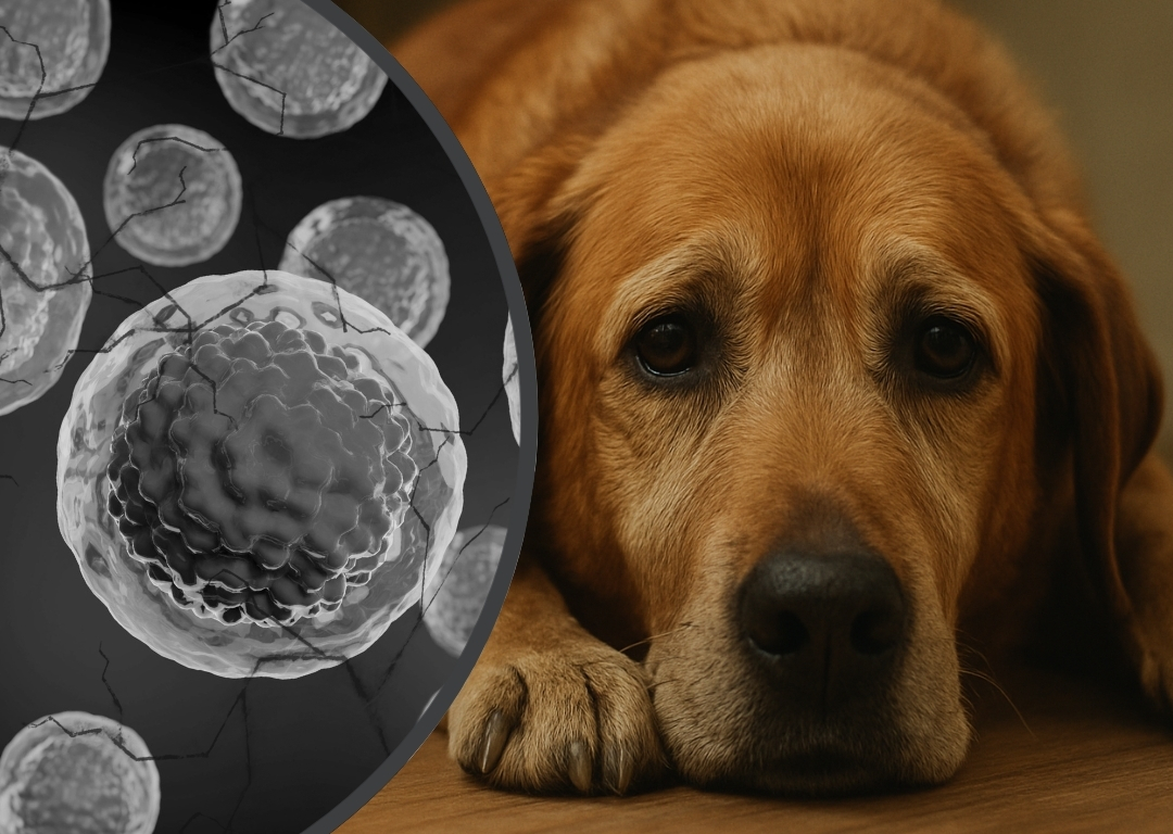 Close-up of a dog's face with a circular inset of cells.