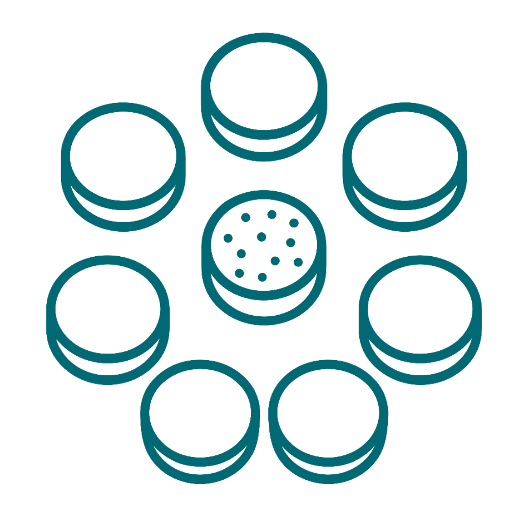 Illustration of eight circular objects with one dotted in the center.