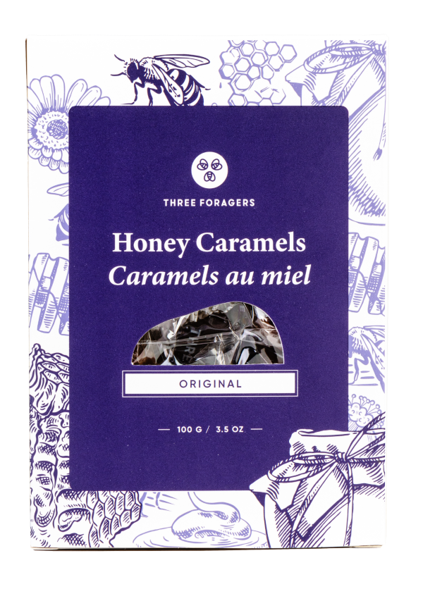 Box of honey caramels with bee and honeycomb illustrations.