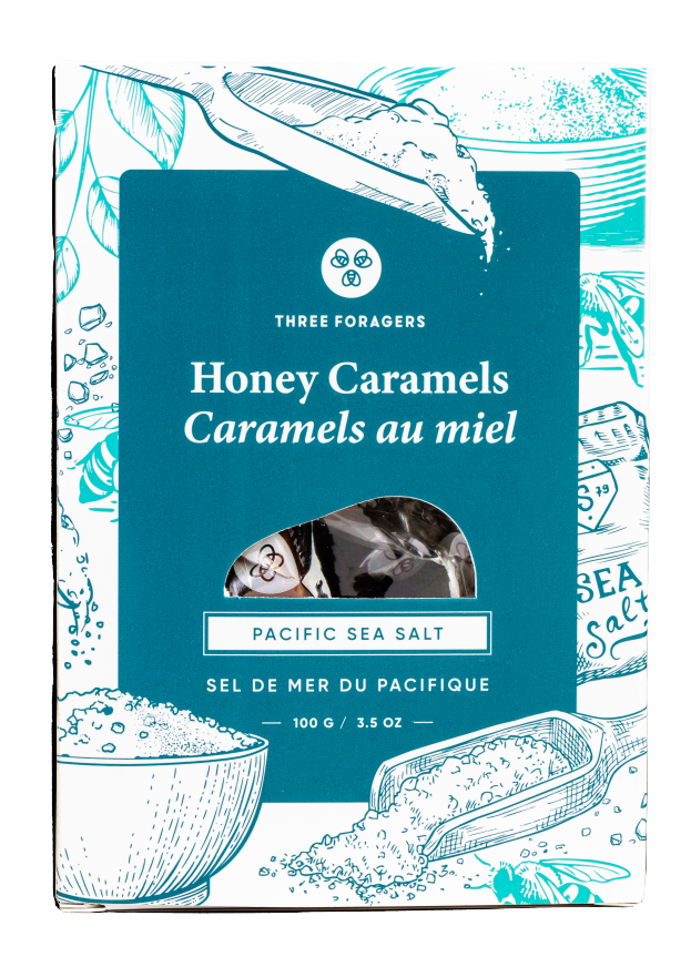 Box of honey caramels with Pacific sea salt, illustrated packaging.