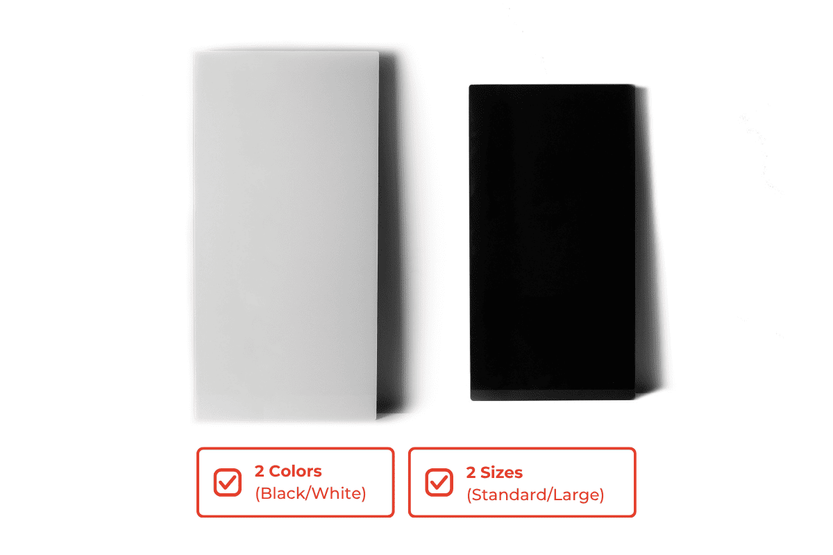 A large white and a small black rectangular block, demonstrating the product's two available colors and sizes.