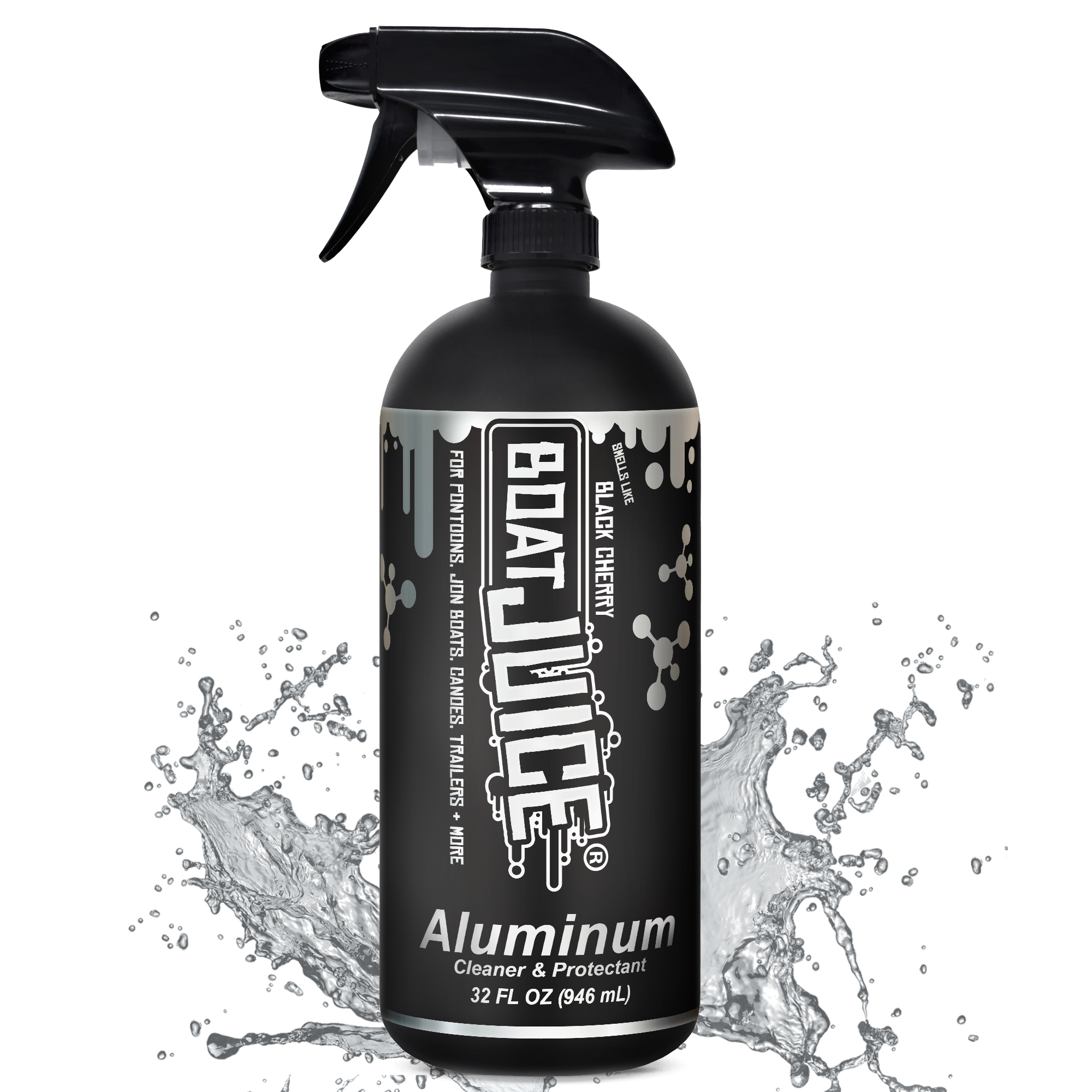 A black spray bottle of Boat Juice Aluminum Cleaner & Protectant with a splash of water behind it.