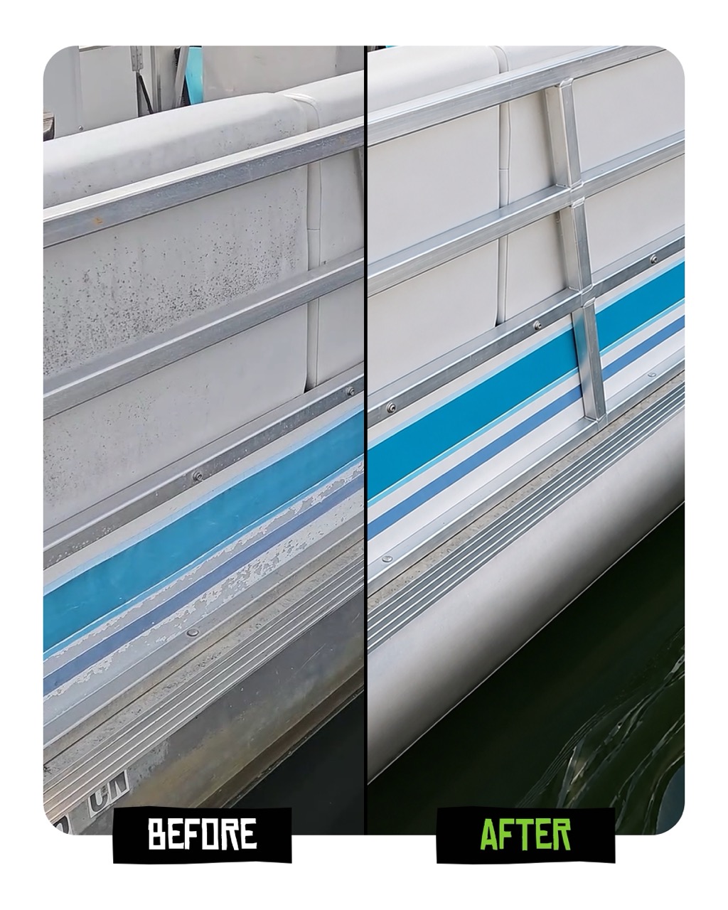 A before and after image showing a pontoon boat's exterior cleaned and restored from dirty to pristine.