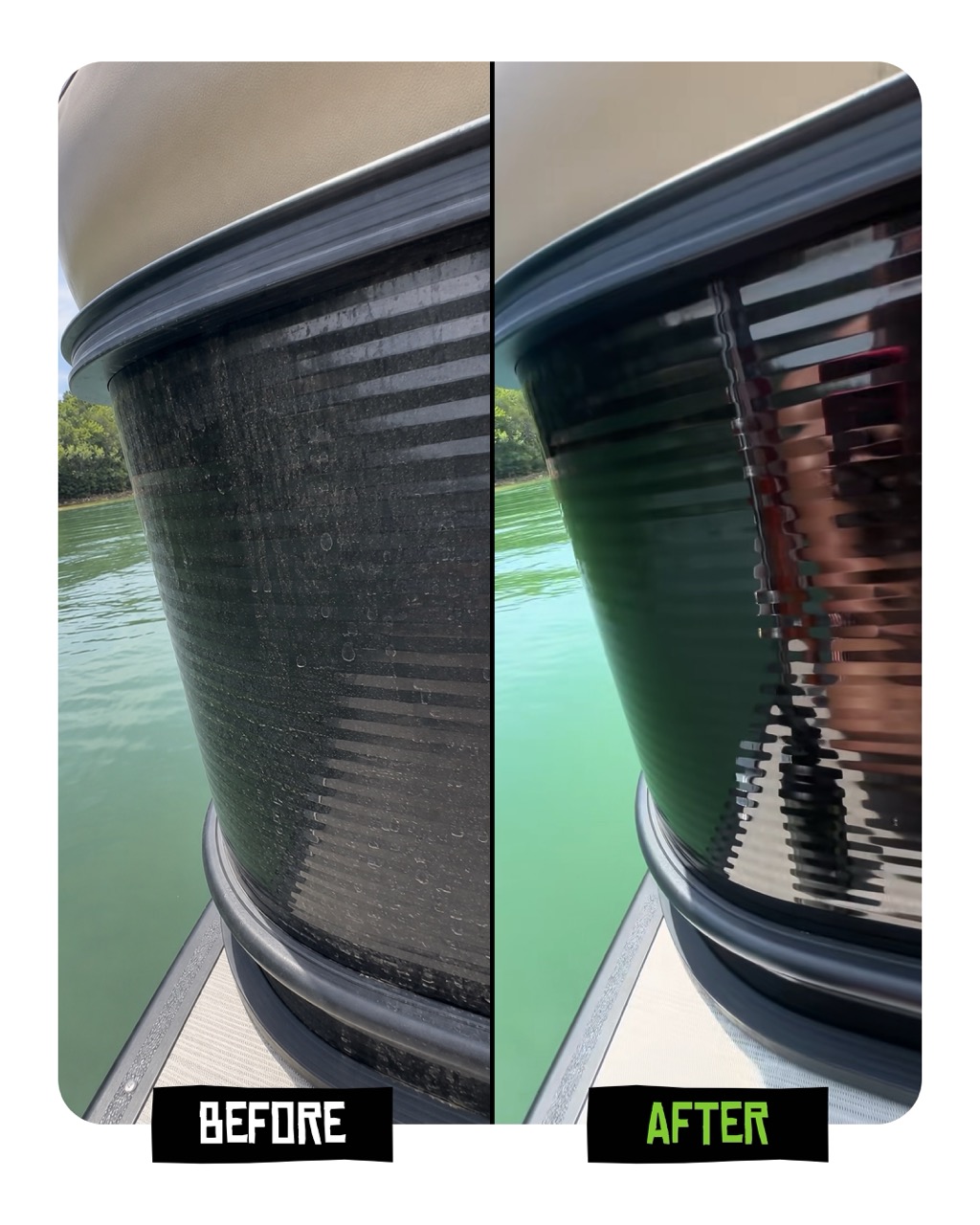A before-and-after comparison showing a boat pontoon restored from dull and faded to shiny and reflective.