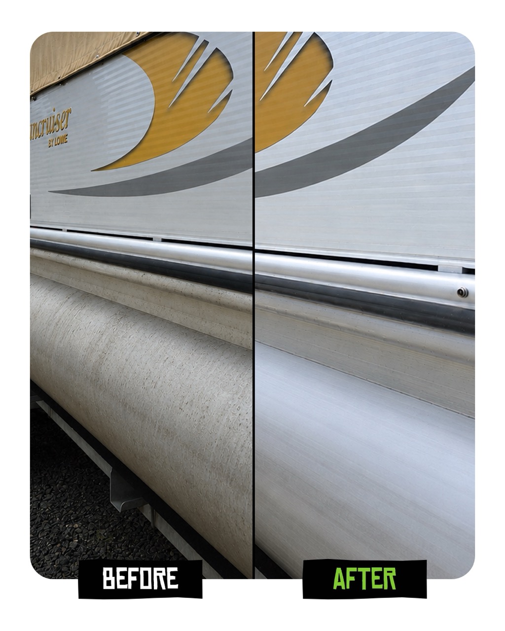 A before-and-after image showing a pontoon boat's aluminum tube, dirty on the left and clean on the right.