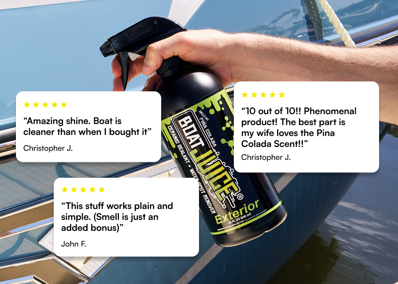A person spraying Boat Juice cleaner on a blue boat, with positive customer reviews overlaid on the image.