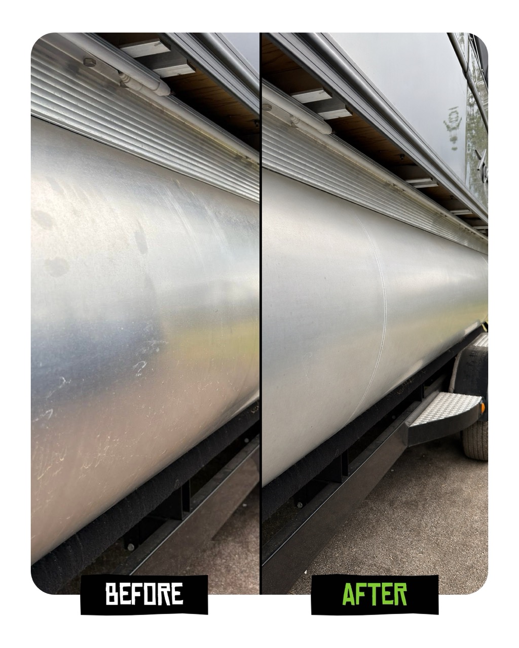 A before and after image showing the side of a pontoon boat, dirty on the left, clean on the right.