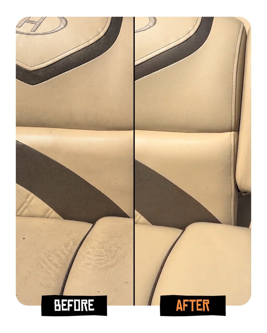 A before-and-after comparison showing the results of cleaning a dirty, cream-colored upholstered seat.