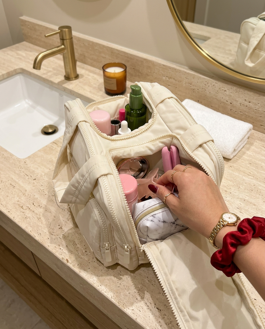 A person's hand reaches into an open, cream-colored travel bag filled with cosmetics on a bathroom counter.